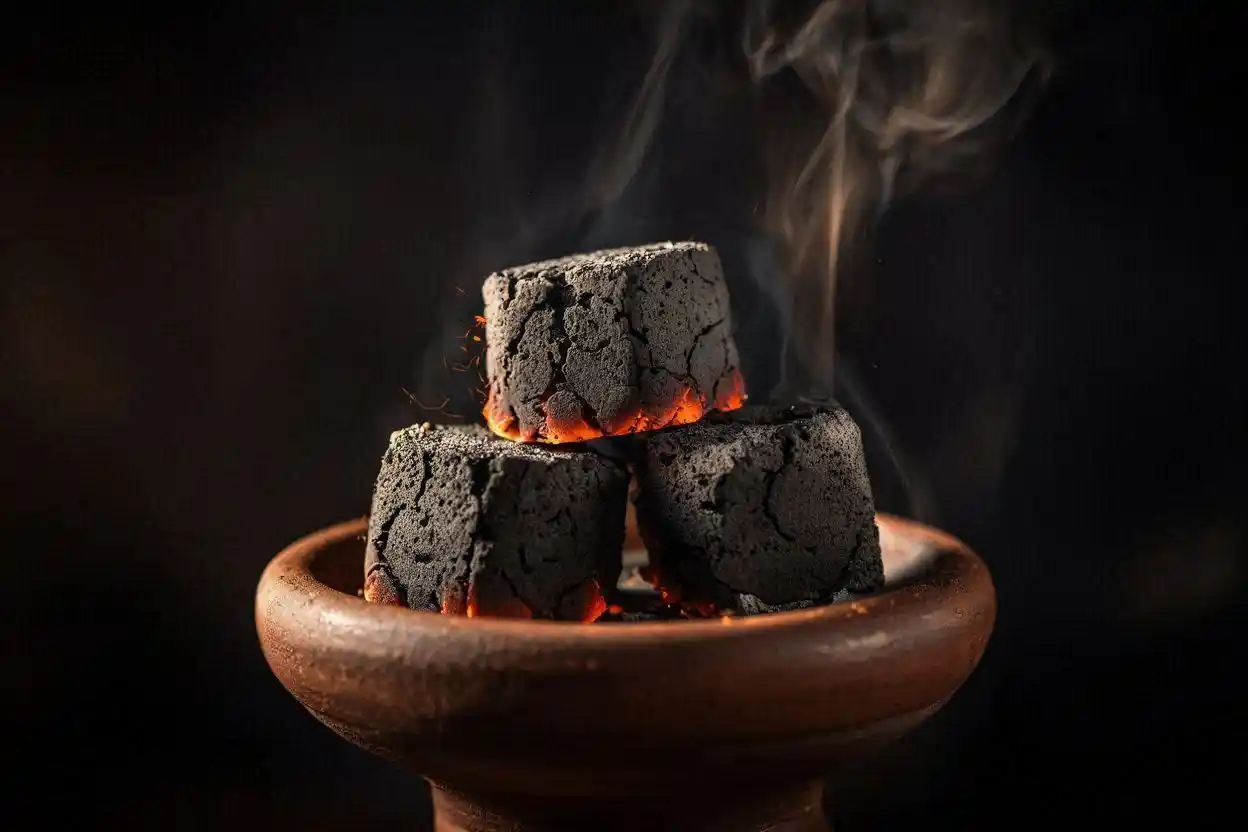 Long burning coconut shell shisha charcoal glowing on a hookah bowl